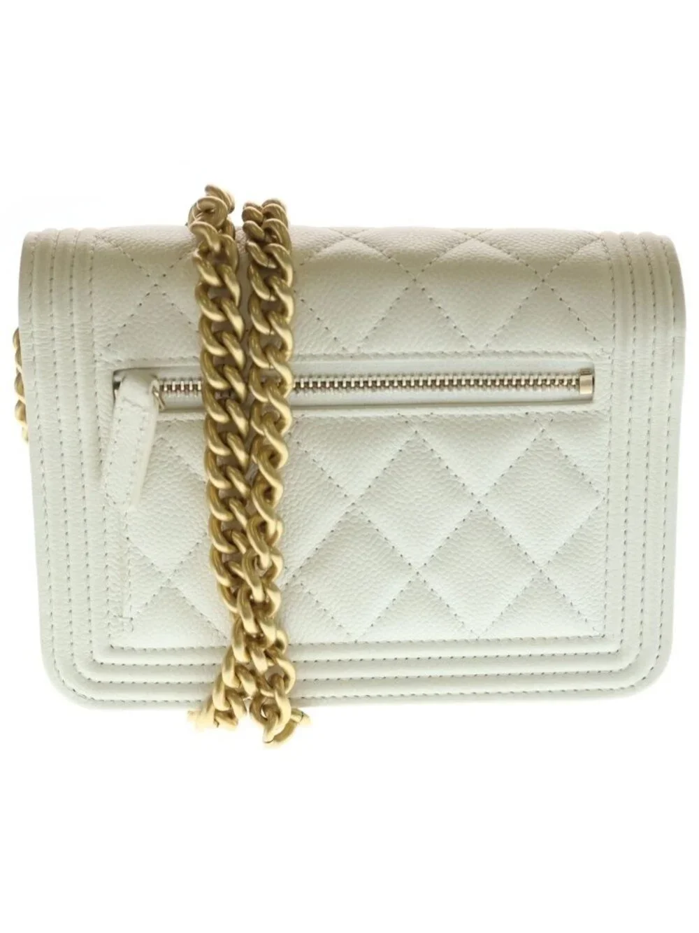 Chanel Boy 15.5 Mini Chain Shoulder Bag Wallet White Caviar Leather Gold